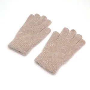 Winter warm knitted gloves for women, solid color thick fuzzy rabbit hair five-finger gloves.