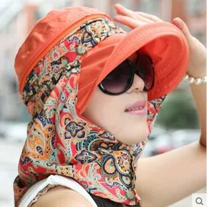 Sun protection hat with neck flap, outdoor UV blocking sun hat, paisley print visor cap for women.