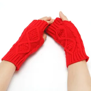 Red knitted fingerless gloves for winter warm short half finger diamond pattern gloves