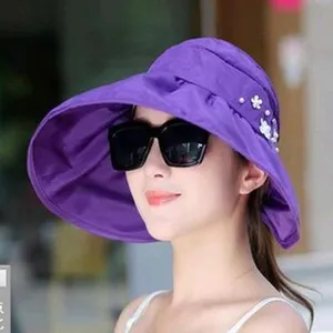 Close-up detail of the elegant purple sun hat with delicate pearl and flower accents.
