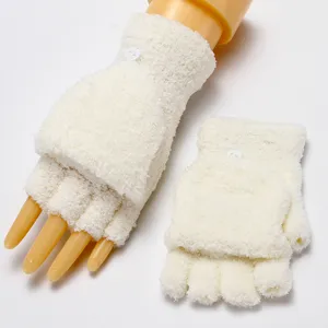 Women fluffy fleece convertible fingerless gloves winter warm half finger mittens off white