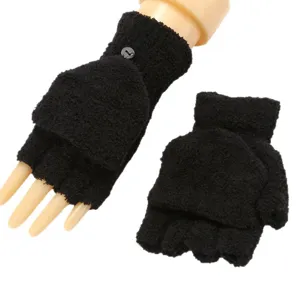 Black fleece convertible fingerless gloves for women winter thick warm half finger mittens