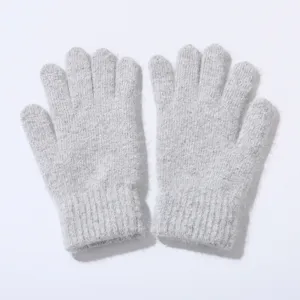 Women winter warm plush knitted gloves, thick soft solid color five-finger gloves detail