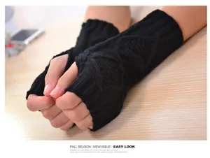 Knitted fingerless gloves winter warm arm warmers diamond pattern black fashion accessory