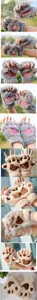 Cute furry cat paw half finger gloves for women, warm plush winter claw mittens.