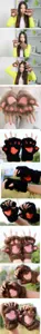 Cute winter half finger plush bear cat paw gloves for women, thick fuzzy claw mittens detail.