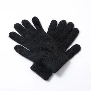 Fuzzy knit winter gloves for women, thick double-layer warm solid color five-finger gloves.