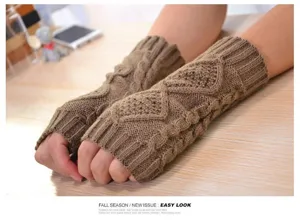 Brown knitted fingerless gloves winter warm arm warmers cable knit cozy hand sleeves pair