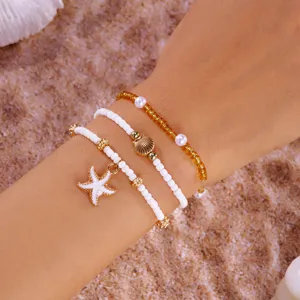 Beach starfish seashell beaded bracelet set for women summer vacation jewelry accessories.