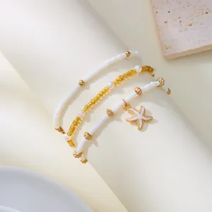 Summer beach multi-layer beaded bracelet set with cute starfish pendant and white amber beads.