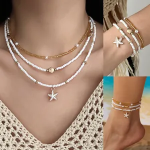 Multi-layer Beaded Starfish Shell Necklace Bracelet Anklet Set Beach Vacation Jewelry