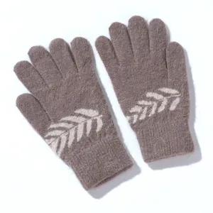 Detailed view of women's cozy knit winter gloves with fuzzy rabbit hair texture and leaf pattern.