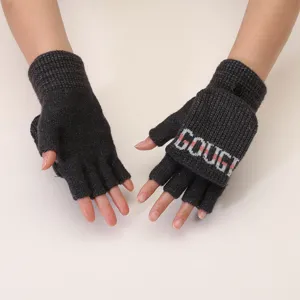 Convertible fingerless winter knit gloves in dark gray, warm wool material for typing.