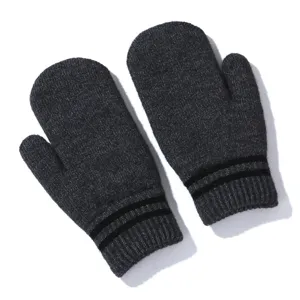 Close up view of dark grey knitted mittens with black stripes and warm ribbed cuffs detail.