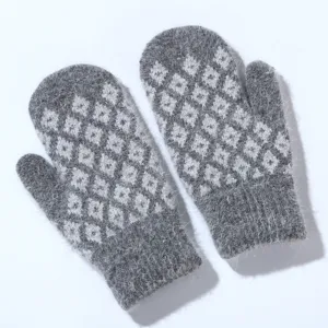 Women Winter Thickened Thermal Knit Gloves Diamond Jacquard Fleece Lined Mittens Outdoor Cycling Warm Gloves
