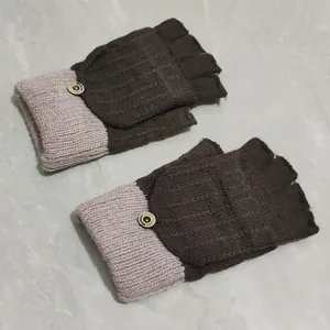 Knitted convertible fingerless gloves detail view, winter warm wool mittens in brown pink.