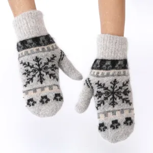 Cozy winter knit mittens with snowflake pattern plush warm rabbit hair lining for cold weather