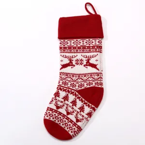Large Christmas Knit Stocking Red White Reindeer Snowflake Holiday Gift Candy Bag Decor