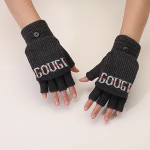 Dark grey knitted fingerless gloves winter warm flip top mitten with button decoration.