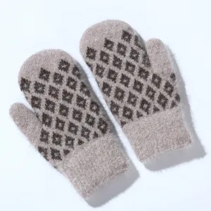 Cozy knit jacquard fleece mittens for women, warm winter outdoor thermal gloves with thick lining.
