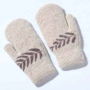 Furry rabbit hair knit winter mittens for women, cute brown leaf pattern warm thick gloves.