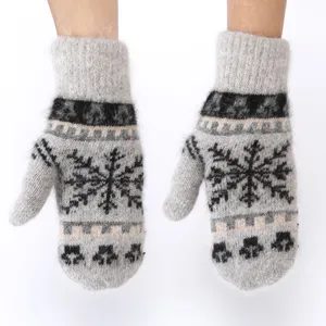 Winter warm fuzzy rabbit hair gloves, grey snow pattern thick knit cold-weather mittens.