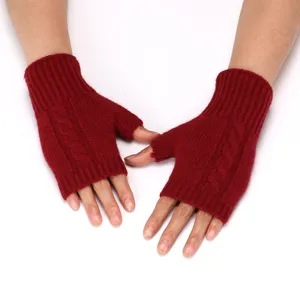 Knitted fingerless gloves warm winter arm sleeves red wool mittens detail close up view