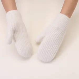 Cozy white fluffy winter mittens, thick warm plush knit gloves for cold weather daily wear style.