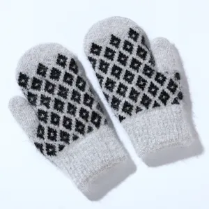 Winter warm knitted mittens for women, thick fuzzy fleece lined grey gloves with black diamond pattern.