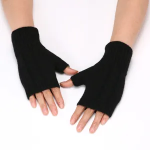 Black knit fingerless gloves for winter, warm wool arm warmers and hand covers!