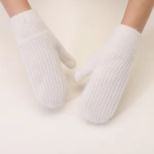 White plush winter mittens for women, cute thick fuzzy rabbit hair warm gloves for cold weather.