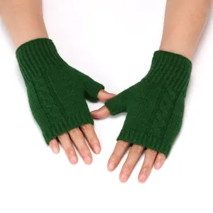 Detailed view of dark green knit fingerless gloves, winter warm ribbed arm warmers.