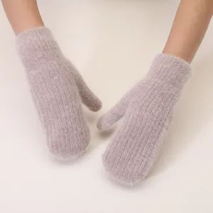 Women winter plush mittens thick warm furry rabbit hair gloves cute windproof cycling mitts
