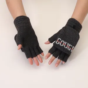 Dark grey knitted convertible half-finger gloves, winter warm wool writing gloves for students.