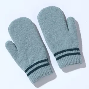 Thickened knit mittens for women winter warm striped cuff gloves soft cold weather gear