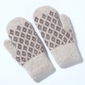 Detailed close-up view of women's warm thermal knit mittens with classic brown diamond pattern.