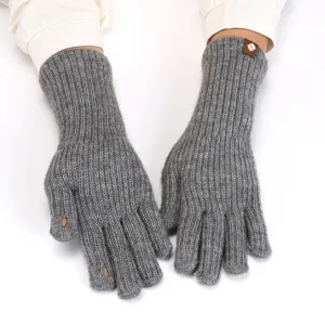 Grey knit fingerless gloves for women winter warm touch screen convertible thumb and index