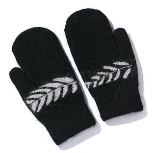Womens Winter Warm Rabbit Hair Blend Knit Mittens Thickened Fleece Lined Leaf Pattern Outdoor Riding Gloves