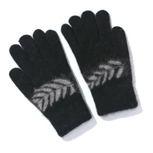 Women black knit gloves fuzzy winter warm five finger gloves with chic grey pattern.