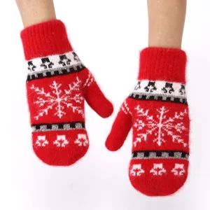 Korean style winter warm rabbit hair knit mittens with cute snowflake pattern for women.