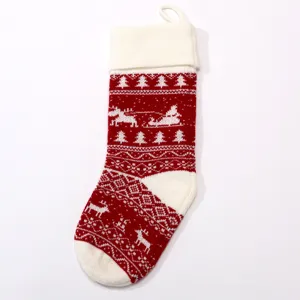 Large knitted Christmas stocking red white reindeer tree holiday gift candy bag hanging