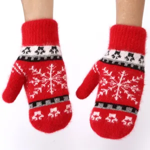 Winter thick plush rabbit hair knit gloves with cute snowflake pattern for cold weather wear.