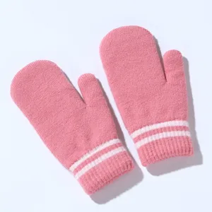 Pink knitted mittens detail, double white stripes on ribbed cuff, warm winter accessory.
