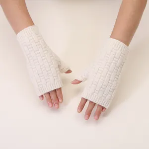 Knit fingerless gloves winter warm white solid color aesthetic soft cozy accessory detail
