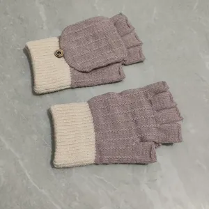 Knit convertible fingerless gloves detail view, warm winter thermal half-finger mittens.