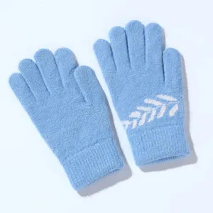 Winter blue knitted rabbit hair gloves with white leaf pattern warm thermal cozy for women