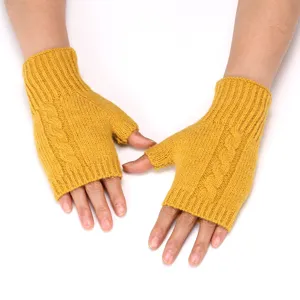 Women men winter knit fingerless gloves warm wool arm warmers cable knitted mittens
