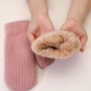 Women Winter Cute Plush Mittens Thickened Rabbit Hair Warm Fluffy Windproof Knitted Gloves Daily Cold Weather Gear