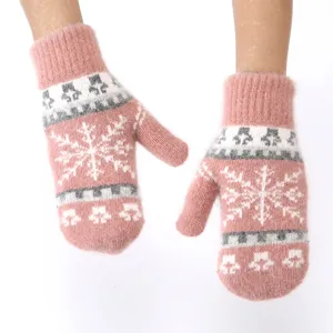 Pink winter plush warm mittens with cute snowflake knit design for cold weather daily wear