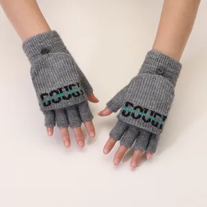 Grey knit fingerless convertible gloves detail view, winter warm thumb hole design.